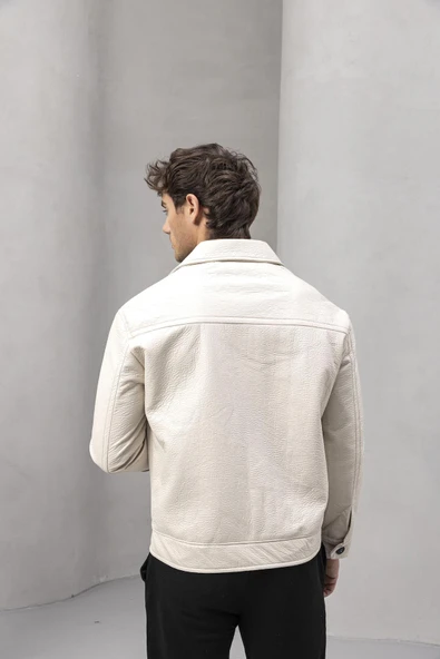 Denzel Düğmeli Yan Cepli Deri Görünümlü Erkek Ceket - Bej - Resim 6