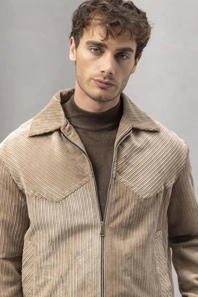 Dreyer Fitilli Kadife Kumaş Fileto Cepli Fermuarlı Erkek Ceket - Bej - Resim 3