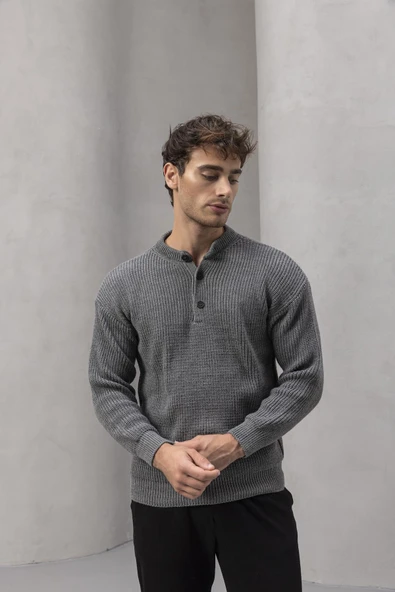 Wes Selanik Örgü 3 Düğmeli Yarım Pat Rahat Kalıp Erkek Triko Kazak - Füme - Resim 4