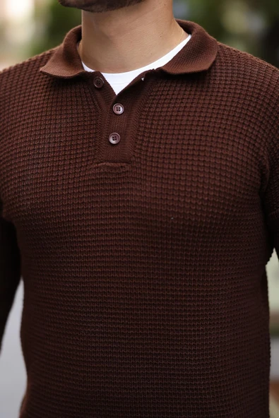 Modern Fit Polo Yaka Çizgili Triko Kazak - Kahve - 5