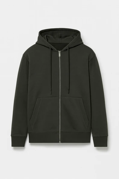 Haneke Regular Kalıp Diagonal 3 İplik Fermuarlı Kapüşonlu Erkek Sweatshirt - Çam Yeşili ürün görseli 1