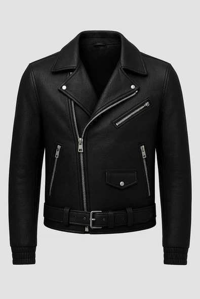 Russell Çok Cepli Biker Deri Görünümlü Erkek Ceket - Siyah ürün görseli 1