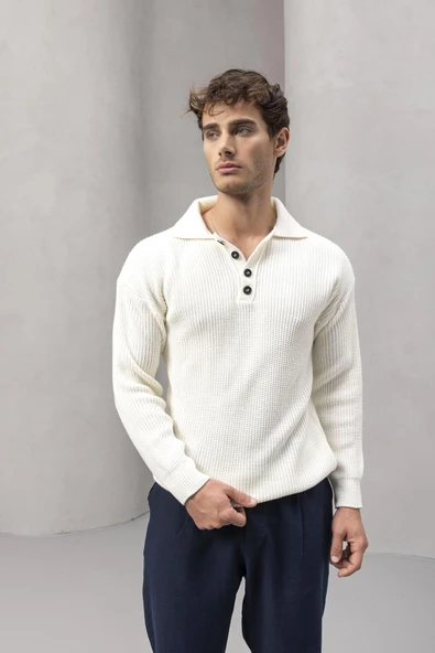 Oversize Selanik Örgü 4 Düğmeli Yarım Pat Rahat Kalıp Erkek Triko Kazak - Ekru - 6