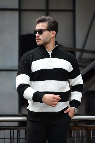 Pedro Oversize Çizgili Selanik Örgülü Yarım Fermuar Triko Erkek Kazak - Siyah - Resim 4