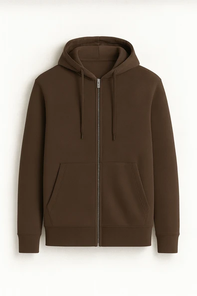 Haneke Regular Kalıp Diagonal 3 İplik Fermuarlı Kapüşonlu Erkek Sweatshirt - Kahve ürün görseli 1