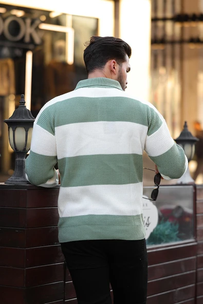 Düğmeli Polo Yaka Yarım Oversize Çizgili Triko Kazak - Yeşil - 4