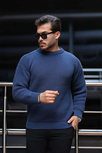 Pilar Oversize Selanik Örgülü Bisiklet Yaka Erkek Kazak - İndigo - 2