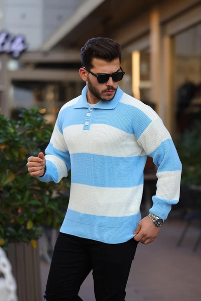 Düğmeli Polo Yaka Yarım Oversize Çizgili Triko Kazak - Mavi