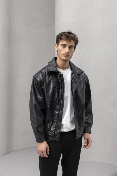 Bomber Oversize Kalıp Deri Görünümlü Yan Cepli Erkek Ceket - Siyah - 6