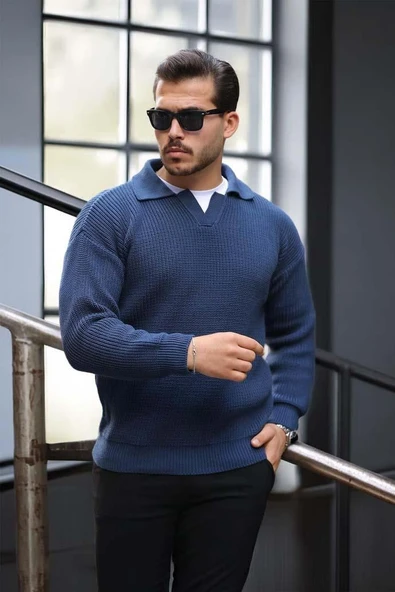 Joris Oversize Gömlek Polo Yaka Selanik Örgülü Erkek Triko Kazak - İndigo - 3