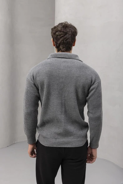 Oversize Selanik Örgü 4 Düğmeli Yarım Pat Rahat Kalıp Erkek Triko Kazak - Füme - Resim 7