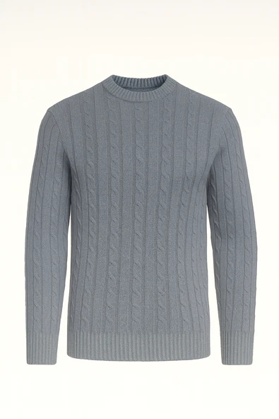 Saç Örgülü Bisiklet Yaka Erkek Triko Kazak - Füme ürün görseli