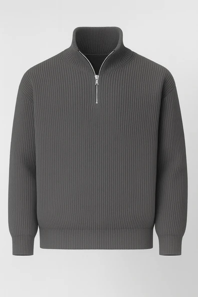 Nolan Oversize Selanik Örgü Yarım Fermuar Erkek Triko Kazak - Füme ürün görseli 1