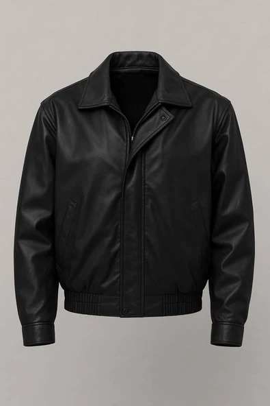 Bomber Oversize Kalıp Deri Görünümlü Yan Cepli Erkek Ceket - Siyah