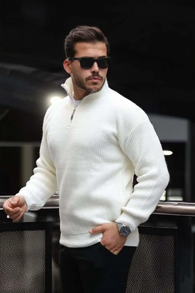 Nolan Oversize Selanik Örgü Yarım Fermuar Erkek Triko Kazak - Ekru - Resim 2