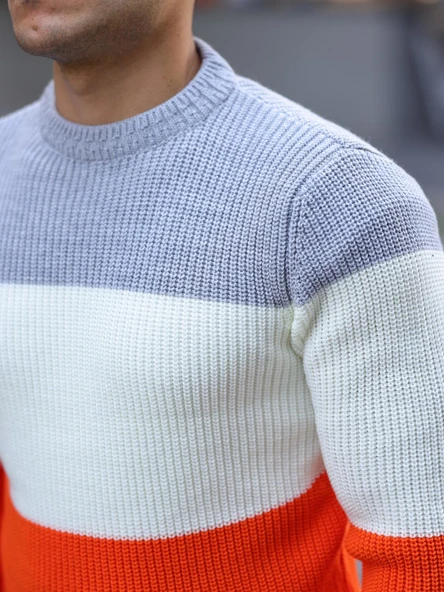 Parça Desen Bisiklet Yaka Erkek Kazak - Turuncu - Resim 3