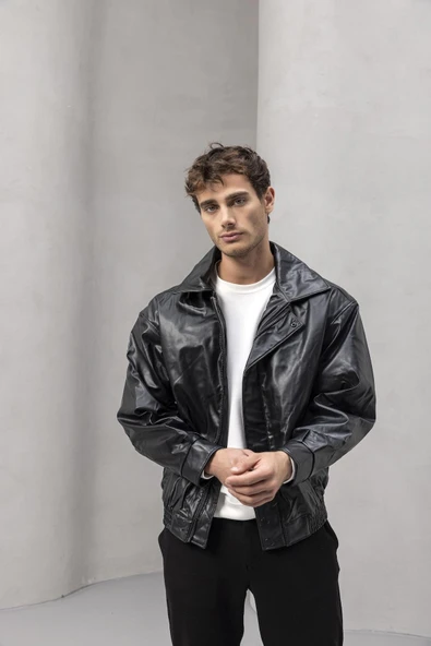 Bomber Oversize Kalıp Deri Görünümlü Yan Cepli Erkek Ceket - Siyah - 2