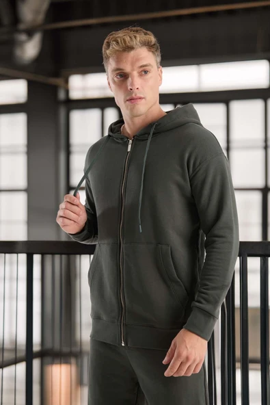 Haneke Regular Kalıp Diagonal 3 İplik Fermuarlı Kapüşonlu Erkek Sweatshirt - Çam Yeşili - Resim 2