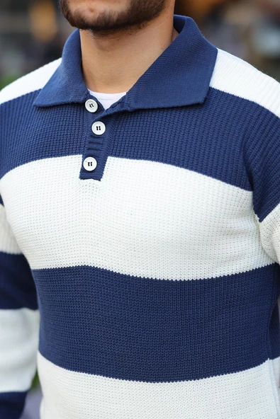 Düğmeli Polo Yaka Yarım Oversize  Çizgili Triko Kazak - Lacivert - Resim 4