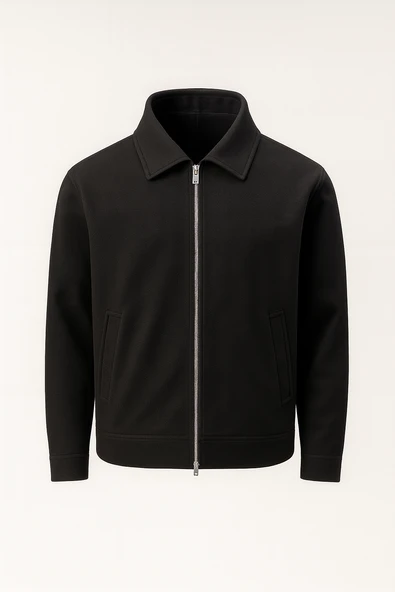 Kaşe Kumaş Fileto Cepli Fermuarlı Erkek Ceket - Siyah