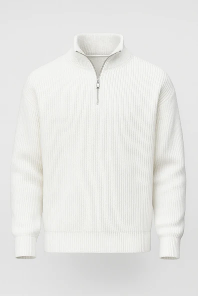 Nolan Oversize Selanik Örgü Yarım Fermuar Erkek Triko Kazak - Ekru ürün görseli 1