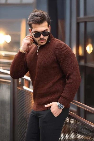 Nolan Oversize Selanik Örgü Yarım Fermuar Erkek Triko Kazak - Kahve - Resim 4