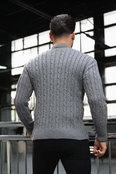 Saç Örgülü Bisiklet Yaka Erkek Triko Kazak - Füme - Resim 6