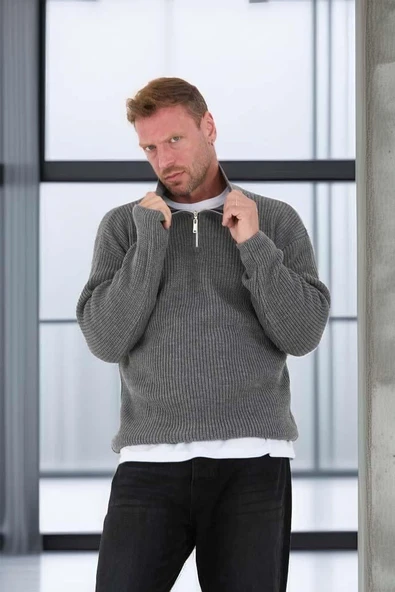 Nolan Oversize Selanik Örgü Yarım Fermuar Erkek Triko Kazak - Füme - Resim 3