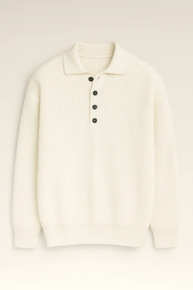 Oversize Selanik Örgü 4 Düğmeli Yarım Pat Rahat Kalıp Erkek Triko Kazak - Ekru