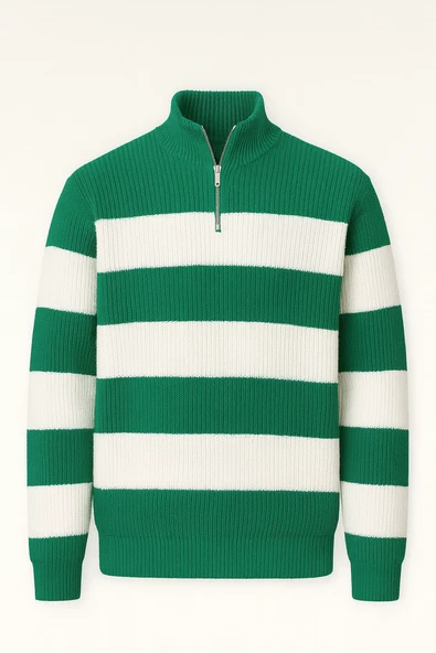 Pedro Oversize Çizgili Selanik Örgülü Yarım Fermuar Triko Erkek Kazak - Yeşil ürün görseli 1