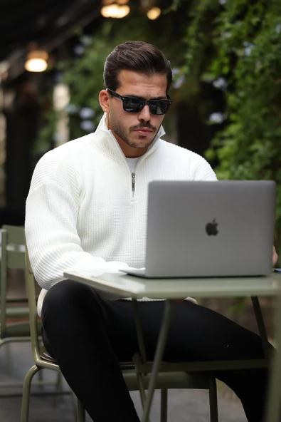 Nolan Oversize Selanik Örgü Yarım Fermuar Erkek Triko Kazak - Ekru - Resim 6