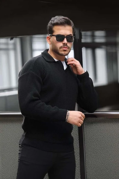 Joris Oversize Gömlek Polo Yaka Selanik Örgülü Erkek Triko Kazak - Siyah - 5