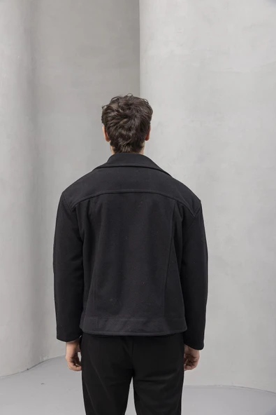 Kaşe Kumaş Fileto Cepli Fermuarlı Erkek Ceket - Siyah - 7