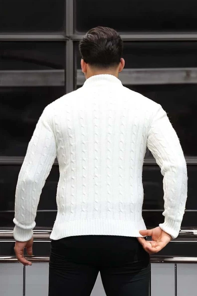 Bardem Saç Örgülü Yarım Fermuar Erkek Triko Kazak - Ekru - Resim 6