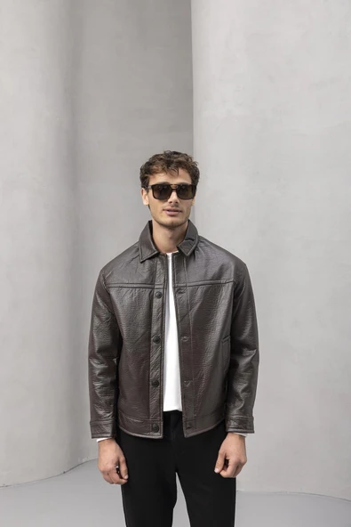 Denzel Düğmeli Yan Cepli Deri Görünümlü Erkek Ceket - Kahve - Resim 2