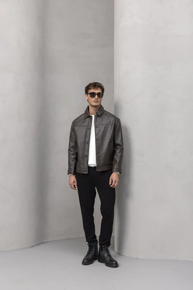 Denzel Düğmeli Yan Cepli Deri Görünümlü Erkek Ceket - Kahve - Resim 4