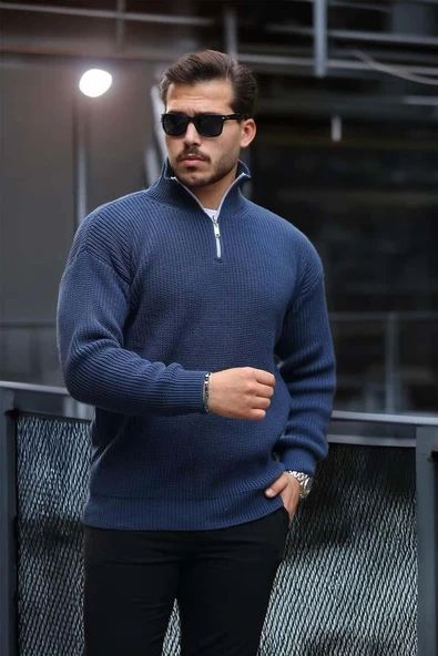 Nolan Oversize Selanik Örgü Yarım Fermuar Erkek Triko Kazak - İndigo - Resim 2