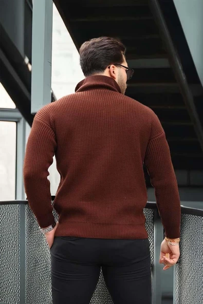 Nolan Oversize Selanik Örgü Yarım Fermuar Erkek Triko Kazak - Kahve - Resim 6