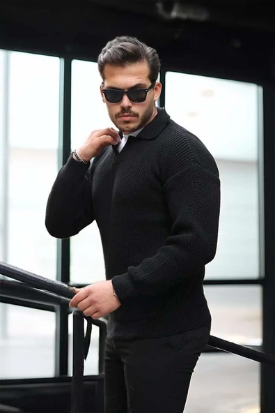 Joris Oversize Gömlek Polo Yaka Selanik Örgülü Erkek Triko Kazak - Siyah - 3