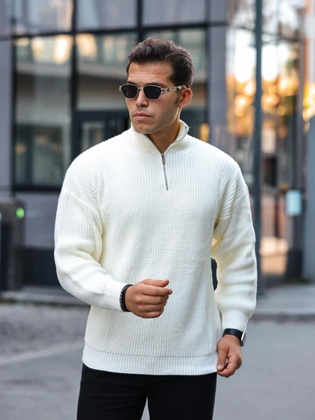 Premium Yarım Fermuar Boğazlı Kazak - Ekru ürün görseli 1