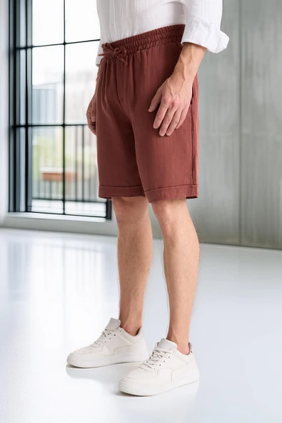 Hafif ve Rahat Duble Paça Müslin Erkek Şort - Kiremit - Resim 7