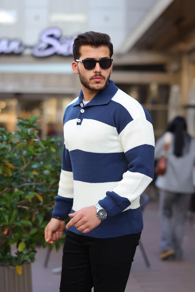 Düğmeli Polo Yaka Yarım Oversize  Çizgili Triko Kazak - Lacivert ürün görseli 1