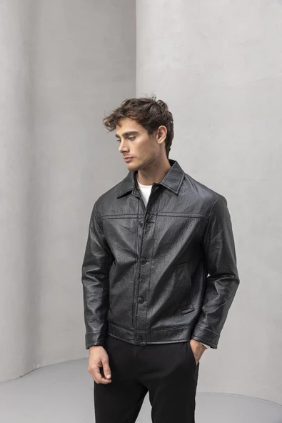 Denzel Düğmeli Yan Cepli Deri Görünümlü Erkek Ceket - Siyah - Resim 3