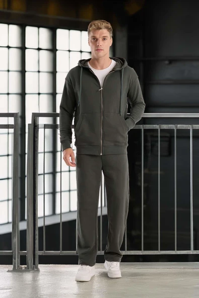 Haneke Regular Kalıp Diagonal 3 İplik Fermuarlı Kapüşonlu Erkek Sweatshirt - Çam Yeşili - Resim 9