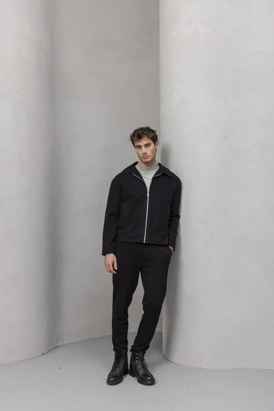 Kaşe Kumaş Fileto Cepli Fermuarlı Erkek Ceket - Siyah - 3