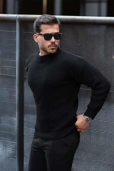 Pilar Oversize Selanik Örgülü Bisiklet Yaka Erkek Triko Kazak - Siyah - Resim 2