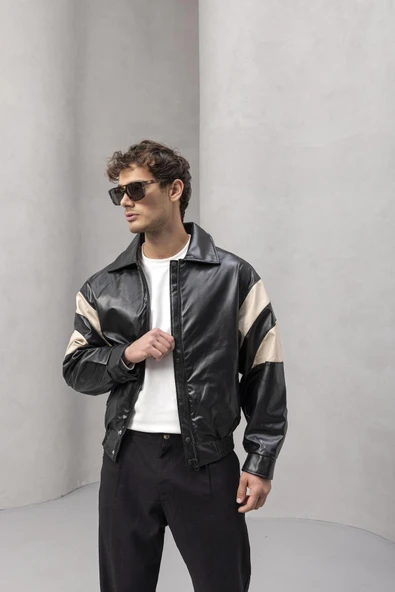 Burton Kolları Garnili Çıtçıtlı Fermuarlı Deri Görünümlü Erkek Ceket - Ekru Siyah ürün görseli 1