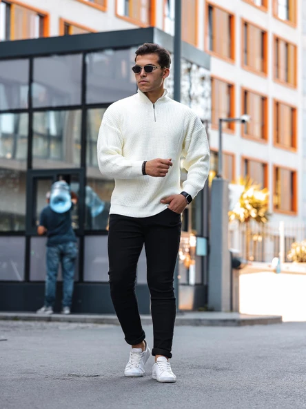 Premium Yarım Fermuar Boğazlı Kazak - Ekru - Resim 5