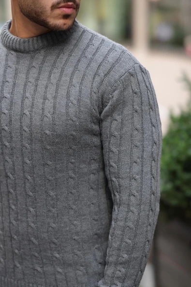 Saç Örgülü Bisiklet Yaka Erkek Triko Kazak - Füme - Resim 4