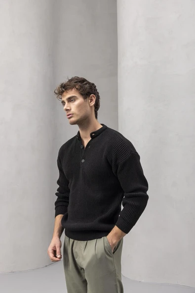 Wes Selanik Örgü 3 Düğmeli Yarım Pat Rahat Kalıp Erkek Triko Kazak - Siyah - Resim 6